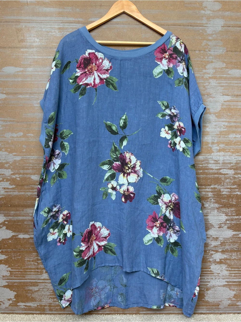 Miss Rose Sister Violet 100% Linen Oversized Floral Dress Art to Wear Womens 8